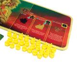 Board game cards with yellow game pieces on a white background