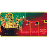 Fantasy-themed game mat with character illustration and game elements on a white background