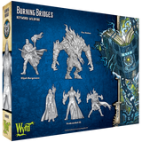 Game box for 'Burning Bridges' with fantasy figures and 'WYR' logo on a blue background
