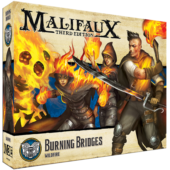 Malifaux Third Edition 'Burning Bridges' game box with characters and flames on the cover