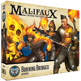 Malifaux Third Edition 'Burning Bridges' game box with characters and flames on the cover