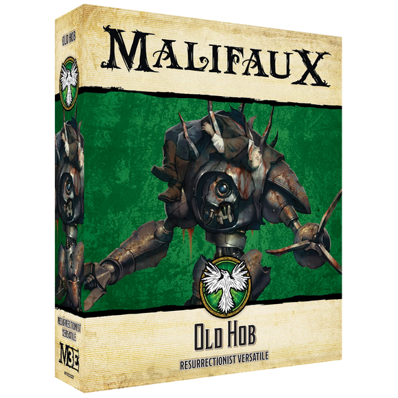 Malifaux game box featuring a character with mechanical parts on a green background