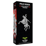 A tall rectangular product box for the board game Pale Rider, shown at a slight angle on a plain white background. The box is predominantly black with red side panels, white title text, a silver-gray illustration of a skeletal horse rider, and the Wyrd Games logo near the bottom.