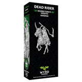 Box packaging for the 'Dead Rider' miniature from Wyrd Games, featuring a black background with silver artwork of a skeletal rider on a horse and green accents.