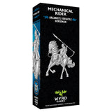A tall rectangular product box for Wyrd Games' 'Mechanical Rider' miniature, featuring a black front with silver artwork of a rider on a horse and blue side panels.