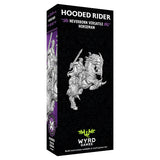 Box packaging for the 'Hooded Rider' miniature from Wyrd Games, featuring a black background with silver artwork of a rider on a horse and purple accents.