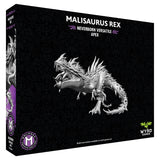 Box art for the Malisaurus Rex miniature from Wyrd Games, featuring a detailed silver-gray 3D model of the creature on a black background with dark swirl patterns. The packaging includes the text 'MALISAUROS REX', 'NEVERBORN VERSATILE APEX', and the Wyrd Games logo.