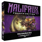 Malifaux Fourth Edition box with a t-rex like creature on a purple background