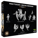Box art for the Warhammer 40k miniatures set 'Mah Tucket, Mecha-Meemaw' by Tricksy, published by Wyrd Games. The black box features silver-gray illustrations of the miniature figures and vehicles, with the Wyrd Games logo in the bottom right corner.