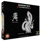 Box art for Shadow Fate: Ten Thunders Versatile miniatures set by Wyrd Games, featuring a black box with silver dragon and warrior illustrations and the Wyrd Games logo.