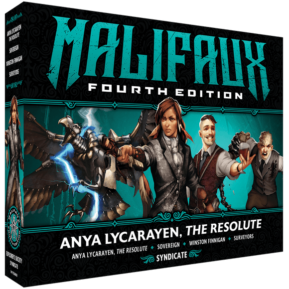 Malifaux Fourth Edition box with character illustrations on a black and teal background