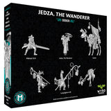 Box art for the board game 'Jedza, The Wanderer' by Wyrd Games and Seeker, featuring a black swirled background with white line-art illustrations of characters and animals, plus teal branding accents.