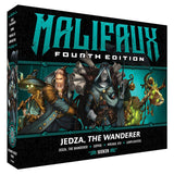 Box art for Malifaux Fourth Edition board game, featuring illustrated fantasy characters on the front and the title 'Jedza, The Wanderer' on a black background with teal accents.