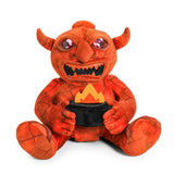 Plush toy resembling a devil holding a bowl on a white background