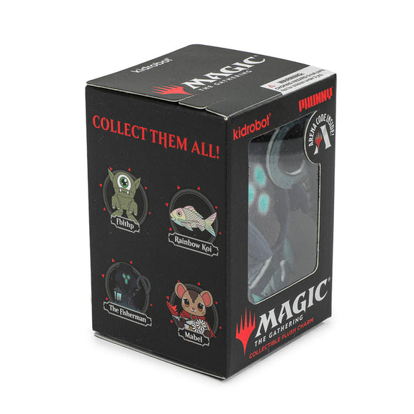 Black packaging box for 'Magic: The Gathering' collectible plush charms with branding and product images.
