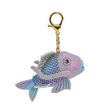 Fish-shaped keychain with a gold clip on a white background