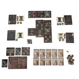 Collection of board game components including cards, dice, and character sheets on a white background
