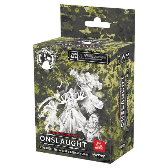 Box packaging of 'Onslaught' expansion for a game, featuring warrior figures on a camouflage background.