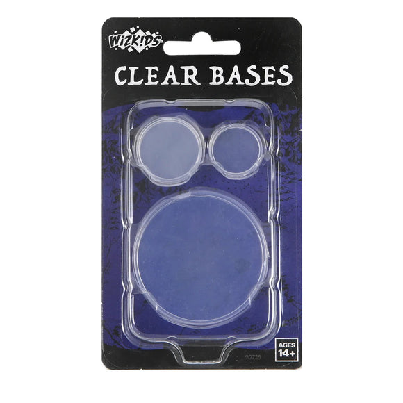 Wizkids clear bases packaging with three round clear bases on a black background