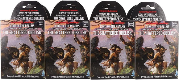Five packs of 'Icons of the Realms: The Shattered Obelisk' miniatures with illustrations on the front.