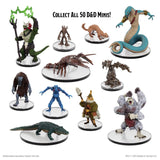 Collection of D&D miniatures on white background with text 'Collect All 50 D&D Minis!'.