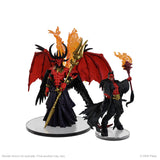 Two fantasy figurines with red and black attire on a white background