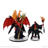 Two fantasy figurines with red and black attire, wings, and weapons on a white background.