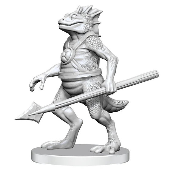 White fantasy figurine of a lizard-like creature with armor and spear on a white background