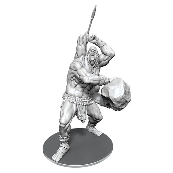Unpainted miniature figure of a muscular warrior holding a spear and a rock on a white background