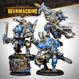 Warhammer 40K figurines with 'Warmachine' branding on a gray background