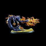 Fantasy dragon figurine with blue and orange flames on a black background