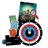 Board game components including a spinner, cards, and a map on a white background