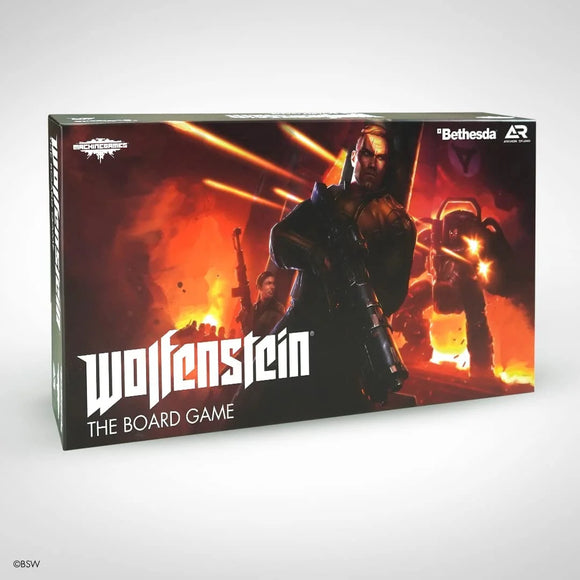 Box of 'Wolfenstein: The Board Game' with a character holding a gun on a fiery background.