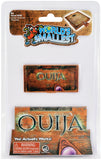 World's Smallest Ouija card game package containing a mini wooden board, a small purple ball, and a printed instruction card, all sealed in a clear plastic blister pack.