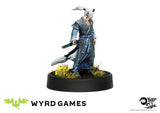 Miniature figurine on a black base with Wyrd Games branding