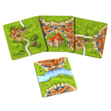 Set of four game boards with village and landscape illustrations on a white background