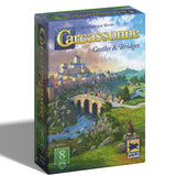 Board game box for 'Carcassonne Castles & Bridges' with a scenic illustration on a white background