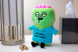 Plush zombie toy with a blue shirt reading 'You Only Live Twice' on a surface.