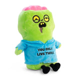 Plush toy zombie with a green face and blue shirt on a white background