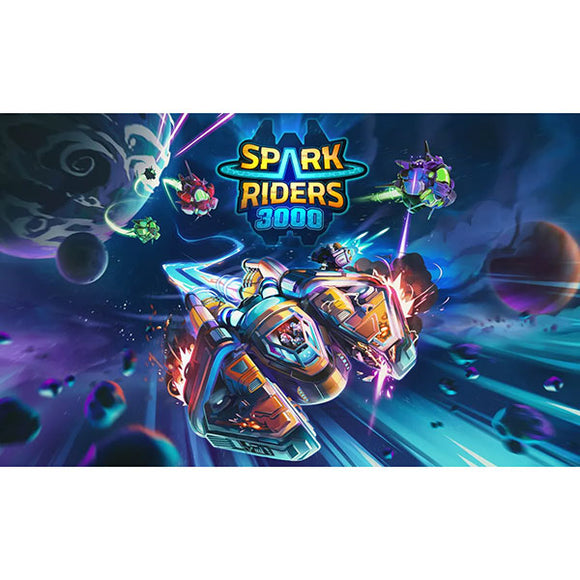 Space-themed game cover with 'Spark Riders 3000' logo and futuristic vehicles.