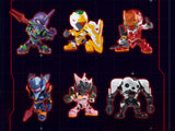 Six colorful robot figurines on a dark grid background