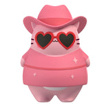 Pink cartoon character with a hat and heart-shaped sunglasses on a white background