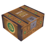 Wooden box labeled 'War Chest' with decorative elements on a white background