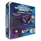 A boxed board game product shown at a three-quarter angle on a plain white background. The box is predominantly dark blue and purple with large metallic-style title text reading 'Space Base Command Station' and smaller text including 'John D.