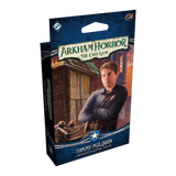Arkham Horror card game deck packaging with a character illustration on a white background