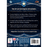 Back of a card game package with text and logos on a blue background