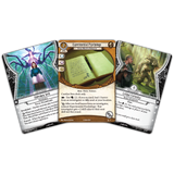 Three fantasy trading cards with different artwork and text on a white background
