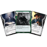 Three playing cards with characters and text on a white background