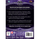 Back of a card game package with text and logos on a purple background