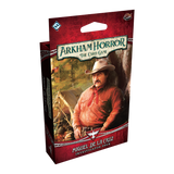 Arkham Horror The Card Game packaging with a character in a cowboy hat and red shirt.